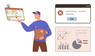 Teslimat sürücüsü tablet GPS 'le, paketle, hata açılır pencere ve analiz çizelgeleriyle yol alıyor. Lojistik, e-ticaret, navigasyon, hata işleme, tedarik zinciri, analitik için ideal