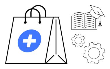 Tıbbi sembollü alışveriş torbası, mezuniyet şapkalı açık kitap ve vites. E-ticaret, eğitim, yenilik, sağlık, çevrimiçi öğrenme, teknoloji ve basit iniş sayfası için ideal