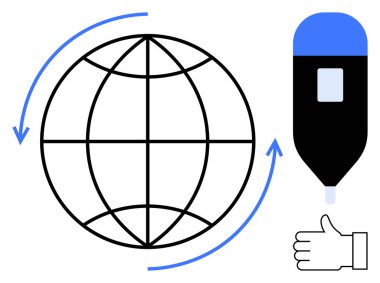 Okları olan dünya bağlantıyı sembolize ediyor, sağlık hizmetleri için glukometre, ve onay için baş parmak. Teknoloji, sağlık, yenilik, küresel çözümler, teletıp, diyabet tedavisi için idealdir.