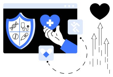 Tıbbi sembolleri, koruyucu kalkanı ve gelişen okları olan bir kalp simgesi dijital ekranda. Sağlık, sağlık teknolojisi, çevrimiçi destek, tıbbi uygulamalar, halk sağlığı için ideal