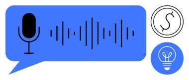 Mikrofon, konuşma balonunda ses dalgaları dolar işareti ve ampul ikonu. Podcast, ses işleme, yaratıcılık, yenilik, çevrimiçi ekonomi iletişimi için ideal basit iniş sayfası