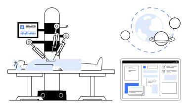 Bir hastaya ameliyat yapan robotik kollar, yaşam belirtileri gösteren monitörler, küresel bağlantıyı sembolize eden gezegenler ve dijital arayüz görüntüleme verileri. Sağlık hizmetleri, yapay zeka ve robot bilimi için ideal.
