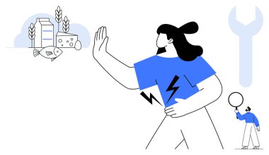 Bir insan yiyecek öğelerine karşı jest yaparak süt, peynir, balık ve ekmeği parmakla işaretler. Başka bir figür İngiliz anahtarını andıran bir balon tutuyor. Diyet seçenekleri, alerji farkındalığı, sağlık için ideal