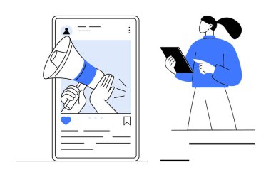 Sosyal medya paylaşımını megafon grafik ve kullanıcı etkileşimiyle vurgulayan akıllı telefon ekranı ve yanında tablet tutan bir figür. Markalaşma, terfi, iletişim ve sosyal yardım için ideal.
