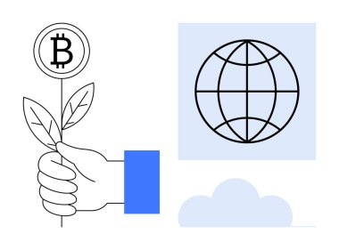 Bitcoin işareti, yapraklar, arka planda küre ve bulut ile el ele tutuşan bitki. Kripto para birimi, sürdürülebilirlik, küresel finans, eko-yenilik, engelleme zinciri yatırım dijital ekonomisi için ideal