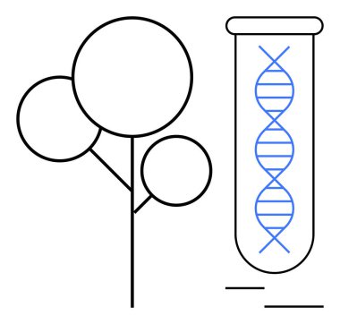 DNA ipliğine sahip ağaç ve test tüpü genetik mühendisliği, doğa, araştırma ve sürdürülebilir biyoteknolojiyi işaret eder. Yenilik, genetik, ekoloji, sürdürülebilirlik, biyoloji araştırmaları için idealdir.