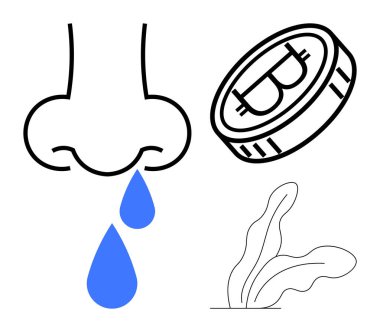 Su damlatan minimalist burun, Bitcoin işaretli dijital para ve yapraklı bitki. Sağlık, kripto para birimi, çevre, yenilik, ekonomi, finans sürdürülebilirliği ve basit düz metafor için ideal