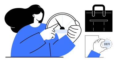 Kadın hız göstergesini gösteriyor, performansı temsil ediyor. Evrak çantası ve DeFi sembolü finansal ve kariyer gelişimini gösteriyor. Finans, kripto para birimi, ilerleme, performans, kariyer minimalizmi için ideal