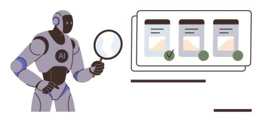 Yapay zeka robotu büyüteçle dijital ekrandaki verileri inceliyor. Çizelgeler, analiz ve doğrulama. Teknoloji, yapay zeka, makine öğrenimi, otomasyon, veri analiz yeniliği için idealdir.