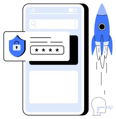 Kalkan kilidi simgesi, şifre alanı ve roketle akıllı telefon giriş arayüzü. Siber güvenlik, uygulama geliştirme, dijital büyüme, yenilik, giriş güvenliği, çevrimiçi gizlilik için ideal