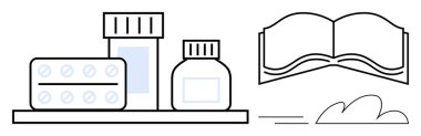 Tıbbi tabletler, şişeler, raflar, bulut şeklindeki açık kitaplar. Sağlık hizmetleri, araştırma, eczane, eğitim tıp eğitimi için ideal. Sağlık bilincini paylaşıyorlar. Basit düz metafor