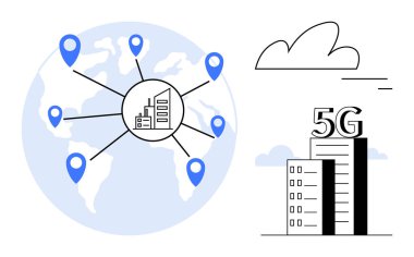 Merkezi bir binaya bağlı lobutları olan dünya, 5G etiketli büyük bina ve minimalist bulut. Teknoloji, iletişim, ağ genişlemesi, yenilik, iş büyümesi, küresel