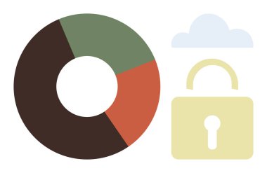 Veri koruması, güvenli depolama ve bulut hesaplamasını vurgulayan asma kilit ve bulutun yanındaki dünyevi tonlarda dairesel pasta grafiği. Siber güvenlik, analitik, mahremiyet, strateji ve dijital için ideal