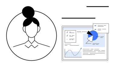 Turta grafikleri, grafikleri ve analizleri olan bir veri panelinin yanındaki kadın profili. Kullanıcı profili, analitik, iş stratejisi, veriye dayalı kararlar, raporlar, takım çalışması için ideal