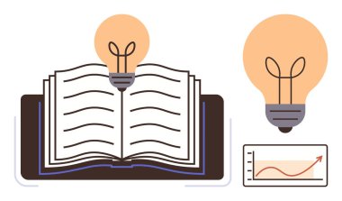 Bilgi ve yaratıcılığı sembolize eden parlayan ampullü açık bir kitap, gelişmeyi ve analitiği yansıtan yükselen bir grafik eşliğinde. Eğitim, iş stratejisi, fikir üretimi için ideal