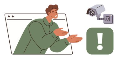 Tarayıcı penceresinden çıkan bir adam güvenlik kamerasına ve alarm simgesine doğru hareket ediyor. Siber güvenlik, güvenlik, izleme, teknoloji, güvenlik endişeleri, veri koruması için ideal, basit düz metafor