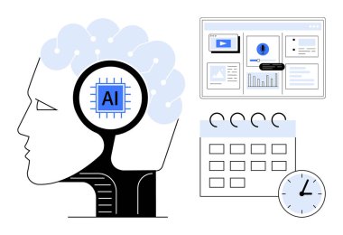 Yapay zeka çipli insan profili, grafikli ve analizli veri paneli, takvim ve saat. Teknoloji, yapay zeka, yenilik, otomasyon verimlilik planlama araştırmaları için ideal. Basit düz metafor