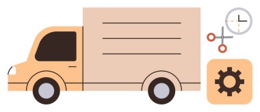 Turuncu dağıtım kamyonu, teçhizat ve saat. Okları lojistik, teslimat, zaman yönetimi ve optimizasyonu simgeliyor. Ticaret, denizcilik, e-ticaret planlama teknolojisi için idealdir. Basit bir işlem.