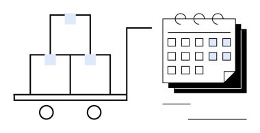 Teslimat planlama, planlama ve tedarik zinciri yönetimini temsil eden bir takvime bağlı istiflenmiş kutularla el arabası. Lojistik, nakliye, envanter, zamanlama, e-ticaret için ideal