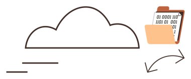 Okları veri transferini gösteren, turuncu klasördeki ikili dosyaya bağlı bir bulut. Veri depolama, bulut hesaplama, dijital transfer, dosya paylaşımı, teknoloji, IoT, basit düz metafor