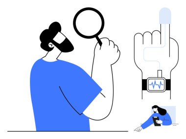 Büyüteç kullanan adam elindeki dijital akıllı kaseti inceliyor. Tablet gözlemi olan bir kadın. Sağlık, fitness, teknoloji, araştırma, analiz, yenilik için ideal, basit iniş sayfası