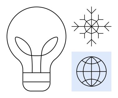 Yaprak şekilli ampul, geometrik kar tanesi ve dünya ana hatları enerjiyi, çevresel farkındalığı ve küresel bağlantıyı vurgular. Ekoloji, sürdürülebilirlik, yenilik, farkındalık için ideal