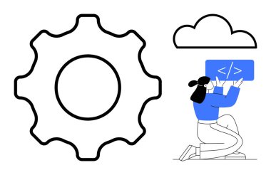Kodlama ekranı, dişli sembolü ve bulut simgesi ile kadın kodlama arayüzü. Teknoloji, kodlama, yazılım geliştirme, bulut hesaplama, otomasyon, yenilik için ideal basit iniş sayfası