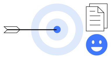 Ok tam olarak hedef merkezini vuruyor, belgelerle çevrili ve mutlu bir yüzle. Başarı, hedef belirleme, verimlilik, odaklanma, üretkenlik, başarı ve basit iniş sayfası için ideal