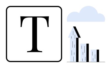 Çerçeveli bir kutuda T harfi ok tepe noktası ve en az bulut ile yükselen grafik çubuklarının yanında. Büyüme, başarı, eğitim, ticaret, stratejiler, teknoloji, basit iniş sayfası için ideal