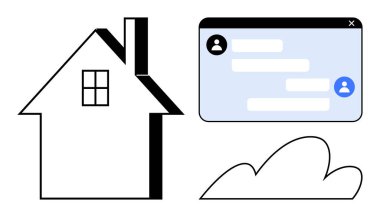 Ev silueti, kullanıcı simgeleri ve mesajlarıyla sohbet arayüzü, bulut şekli. Uzaktan çalışma, çevrimiçi ağ, dijital iletişim, gayrimenkul, teknoloji, mesajlaşma uygulamaları için ideal basit iniş uygulamaları