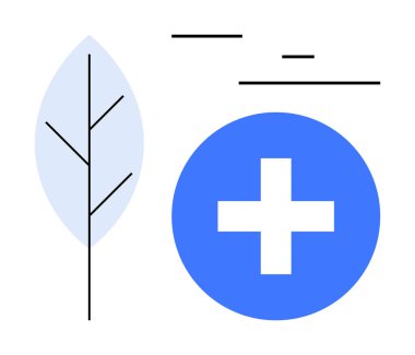 Yaprak ve tıbbi haç soyut çizgilerle mavi dairede. Sağlık, çevre, sürdürülebilirlik, refah, çevre dostu girişimler, temiz enerji, basit iniş sayfası için ideal