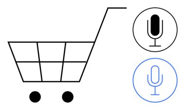 Siyah alışveriş arabası, ses komutları için siyah ve mavi mikrofon simgelerinin yanında. Çevrimiçi alışveriş, e-ticaret, teknoloji, yapay zeka, kolaylık, yenilik ve basit iniş sayfası için ideal