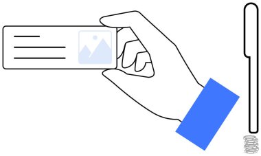 El ele tutuşan kimlik kartında genel görüntü ve metin var. Yanında da bozuk para ve dikey kalem var. Kimlik, ödeme, kimlik doğrulama, iş, veri gizliliği, işlemler, basit düz metafor