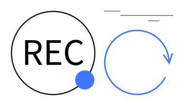 REC metin kalın bir daire içinde mavi bir nokta ile, bir döngü ok ve çizgilerin yanında. Kayıt, tekrarlama, oynatma, multimedya, süreç, otomasyon, minimalist düz metafor için ideal