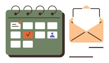 Açık bir zarfın yanında işaretli tarihleri olan yeşil takvim, planlama ve yazışmaları vurguluyor. Zaman yönetimi, programlama, hatırlatıcılar, randevular, postalar, iş hayatı dengesi için ideal