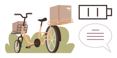 Büyük paketli elektrikli kargo bisikleti, düşük şarjlı akü ikonu ve konuşma baloncuğu. Teslimat hizmeti, lojistik, sürdürülebilirlik, çevre dostu ulaşım, hareketlilik, verimlilik için ideal