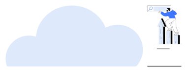 Büyüme çubuğu üzerinde duran kişi arama çubuğu tutuyor. Bulut ve ilerleme elementleri. Yenilik, büyüme, bulut hesaplama, teknoloji, iş başarısı, öngörü için idealdir. Basit düz