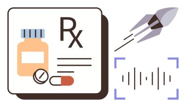 İlaç şişesi, haplar, roket, ses dalgası ve tarayıcı ile eşleştirilmiş RX sembolü. Gelecekteki sağlık, teknoloji, yenilikçi iletişim bilimi eczaneleri için ideal. Basit bir daireyi simgeler