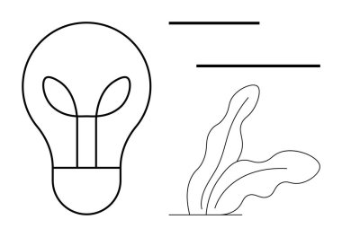 Yaprak şeklindeki ampul, çizilmiş bitki ve soyut çizgilerle eşleştirilmiş yeşil fikirleri sembolize ediyor. Sürdürülebilirlik, yenilik, yaratıcılık, ekoloji, temiz enerji, minimalizm ve çevre dostu