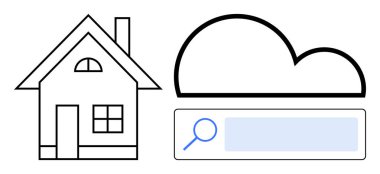 Ev çizgisi, bulut simgesi ve büyüteçli arama çubuğu akıllı evi, bulut hesaplamasını sembolize ediyor. Gayrimenkul, dijital hizmetler, yenilik, teknoloji, ev otomasyonu için ideal