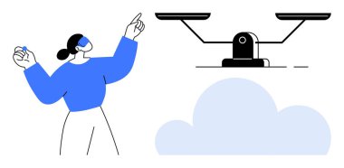 Mavi elbiseli kadın bulutun üzerinde dengeli bir ölçeğe doğru hareket ediyor, eşitliği, karar verme yetisini, kararları, berraklığı, stratejiyi, dengeyi ve adaleti basit bir düz mecazla temsil ediyor.