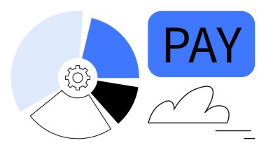 Daire çizelgesi, kalın ödeme düğmesi, bulut motifi. Finans, teknoloji, analitik, otomasyon SaaS e-ticaret için ideal basit bir iniş sayfası. Çizgi benzetmesi. Basit satır simgeleri