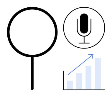 Büyüteç, mikrofon ve yükselen oklu ölçü grafiği araştırma, analitik, iletişim ve ilerlemeyi gösteriyor. Büyüme, iş, pazarlama veri bilimi ses teknolojisi için ideal