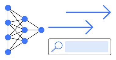 Bir arama çubuğu arayüzüne veri işlemeyi gösteren oklar ile bağlanmış sinirsel ağ düğümleri. Yapay zeka, veri analizi, makine öğrenimi, sinirsel ağlar, arama optimizasyonu, teknoloji için ideal