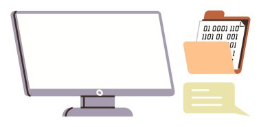 Bilgisayar ekranı, ikili kod içeren dosya dizini ve diyalog balonu. Teknoloji, veri analizi, dijital iletişim, programlama, dosya yönetimi, yazılım geliştirme için ideal