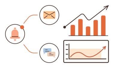 Uyarı zili, e-posta, sohbet baloncukları analitik bar ve çizgi grafikleriyle bağlantılı. İletişim, veri analizi, büyüme takibi, alarmlar, takım çalışması üretkenlik stratejisi için idealdir. Basit.