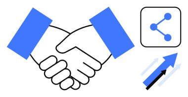 Ortaklığı temsil eden sıkı bir tokalaşma, yukarı doğru oklu büyüme göstergeleri ve ağ simgesi. İş, işbirliği, takım çalışması, başarı, ağ oluşturma, bağlantılar ve basit bir iniş için ideal