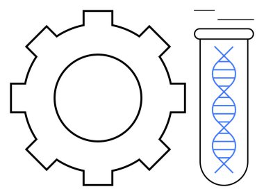 DNA ipliği içeren vites ve test tüpü mühendislik ve biyoteknoloji arasındaki yeniliği ve sinerjiyi vurgular. Bilim, teknoloji, genetik, biyotıp, laboratuvar süreçleri ve biyomühendislik için ideal