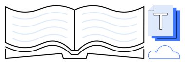 Dalgalı satırlar, metin dokümanları, bulut simgesi içeren açık bir kitap. Eğitim, dijital kütüphane, çevrimiçi öğrenim, belge paylaşımı, bulut depolama, basit bir iniş sayfası yayınlamak için ideal