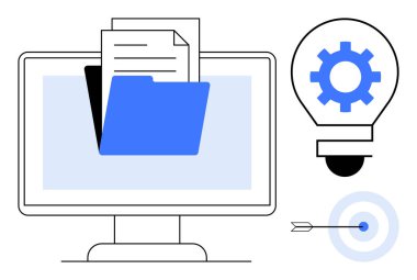 Belgeler monitörde, yenilik için teçhizatlı ampul ve hedef odaklı ok ile klasörü aç. Üretkenlik, yenilik, strateji, planlama, organizasyon, dijital çalışma için ideal